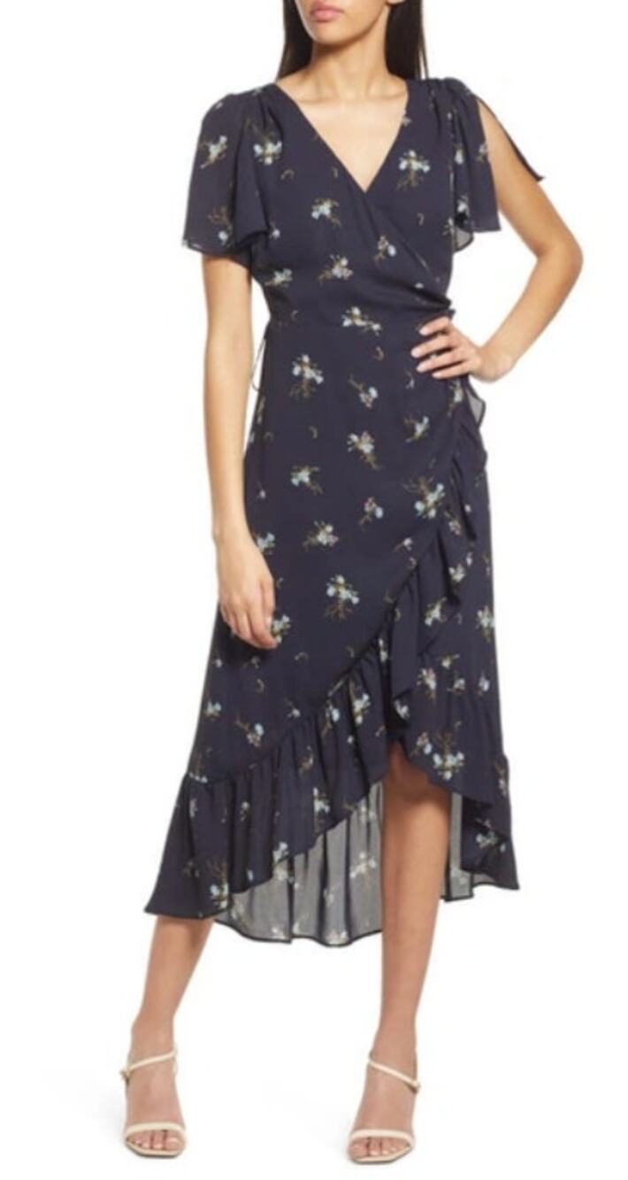 Chelsea28 Floral Print Ruffle Maxi Dress Womens S Navy Blue Faux Wrap Romantic